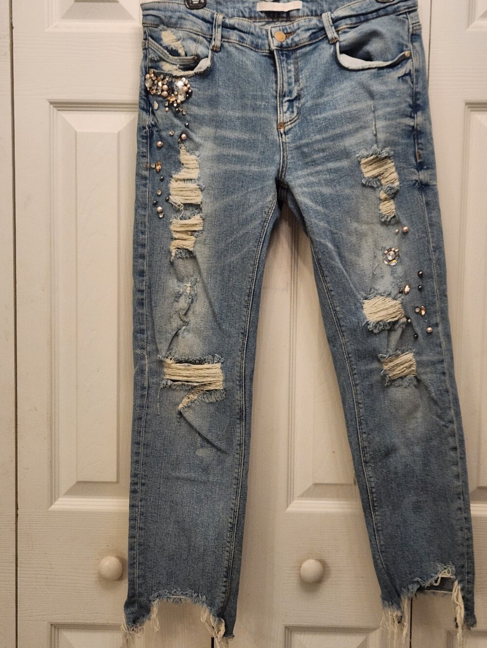 Trafaluc By Zara Embellished Light Blue Distressed Cropped Jeans — Women's